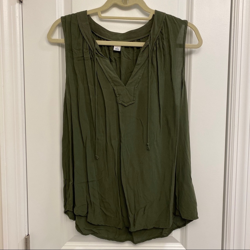 Army green sleeveless blouse with tassels